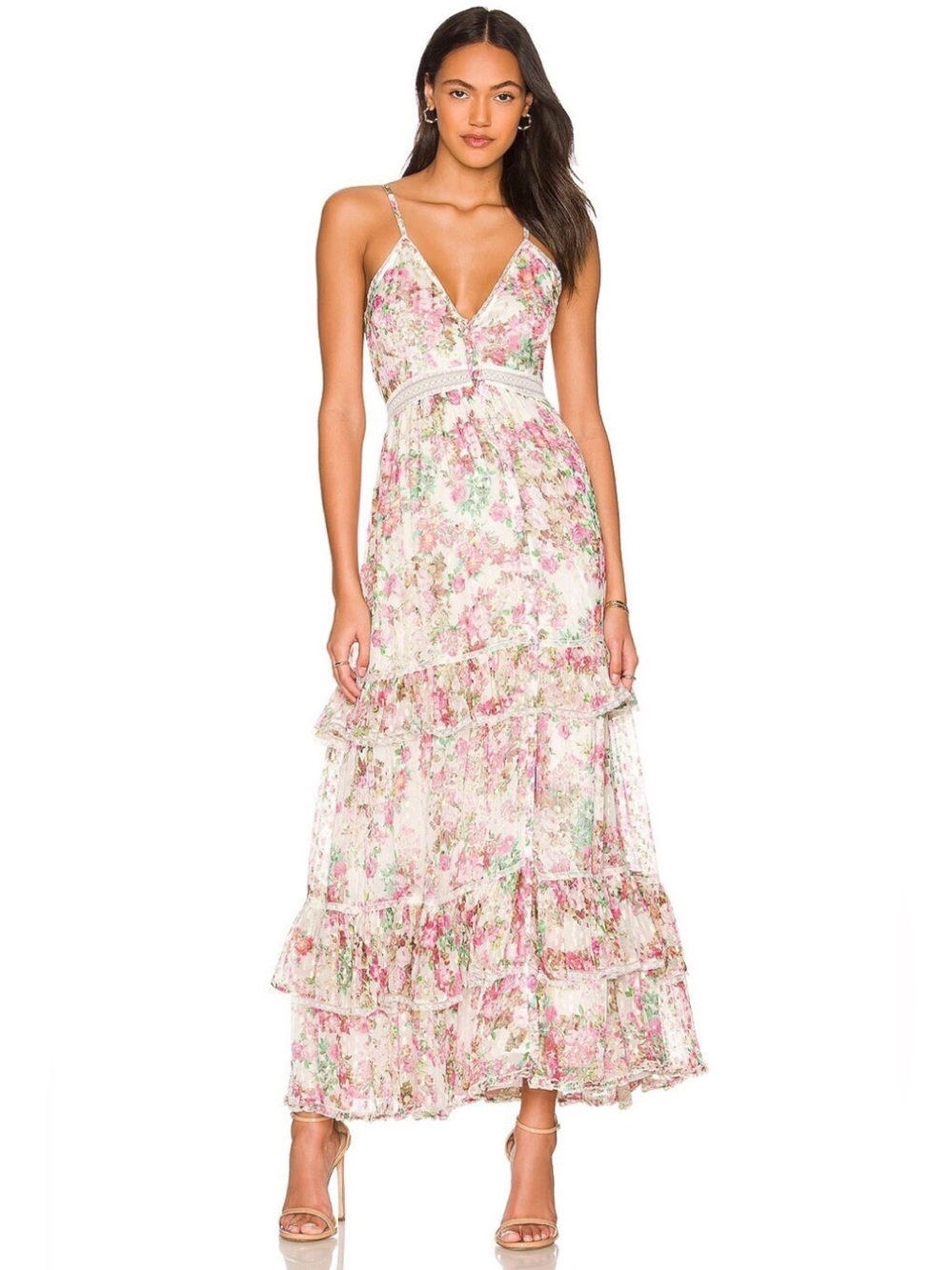 ROCOCO SAND Vie Off White Pink Lace Ruffles Boho Festival Maxi Dress Size XS EUC